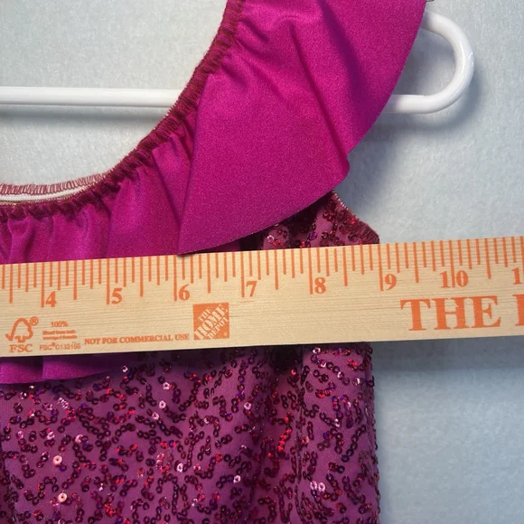 Kids One-Shoulder Dance Leotard Sequins Ruffled Neckline Pink Size Small Child - Picture 12 of 13